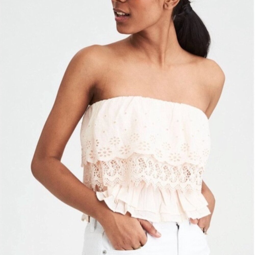 American Eagle Outfitters Lace Ruffle Tube Top Strapless Blush Eyelet